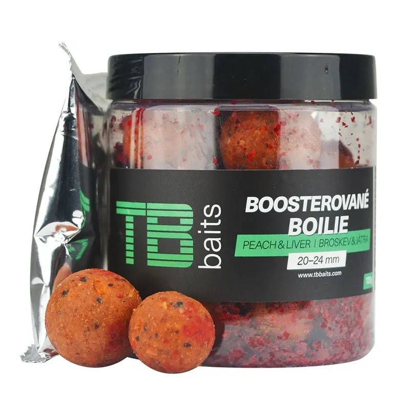 Novinka TB Baits Boosterované Boilie Peach Liver 120 g 20-24 mm
