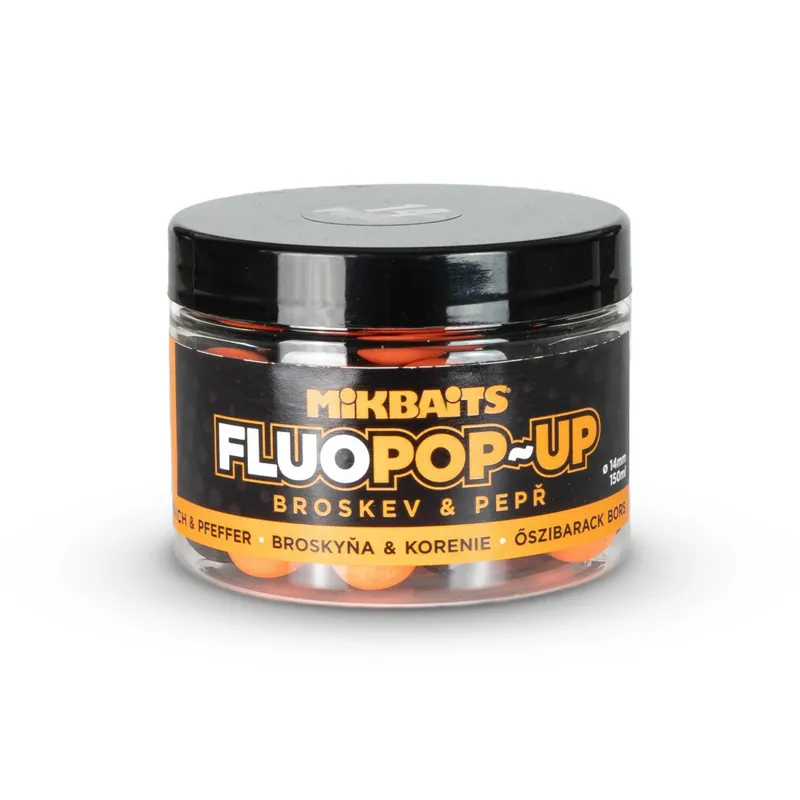Novinka MIKBAITS Plovoucí fluo boilie 150ml - Broskev Pepř 14mm