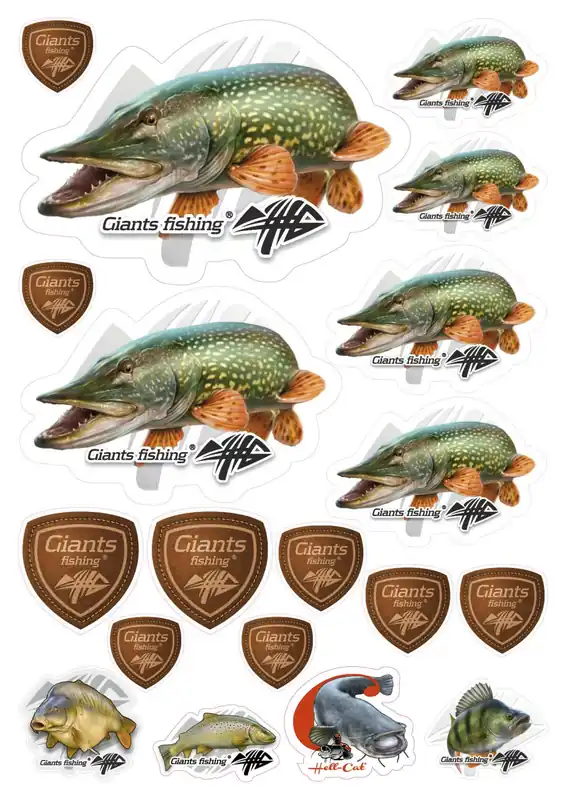 Nová Kolekce Mix nálepek Giants Fishing Štika ( 19ks )