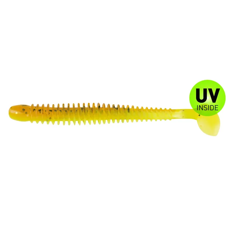 Sleva Relax Texas Shad 10 cm (4") Fluogelb Olivebraun glitter 4 Stück