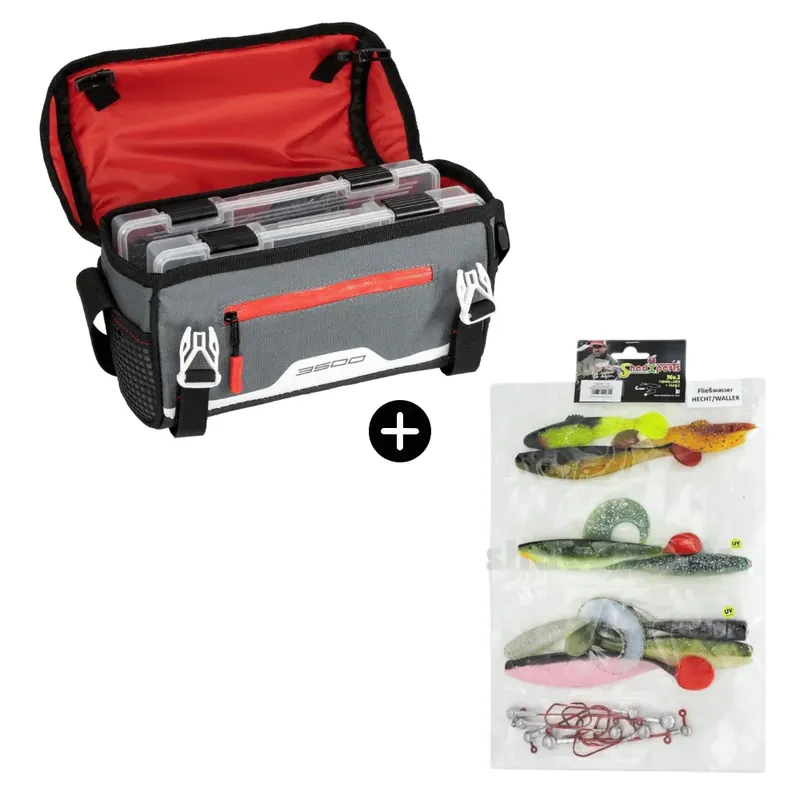 Hecht und Waller Fließwasser Set Plano Tasche 3600 + SX Zielfisch-Set Hecht/Waller Fließwasser 10 Shads 8 Jigköpfe Časově Omezené