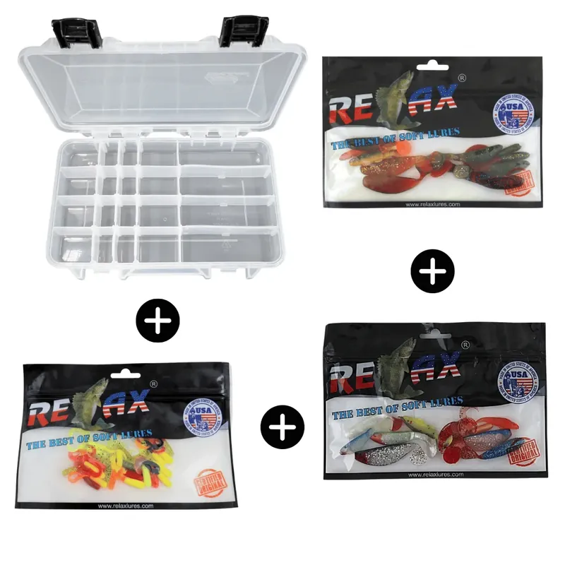 Super Cena Mega-Köder-Set Barsch und Forelle 40 Relax Gummi-Köder + Plano 3650 Box