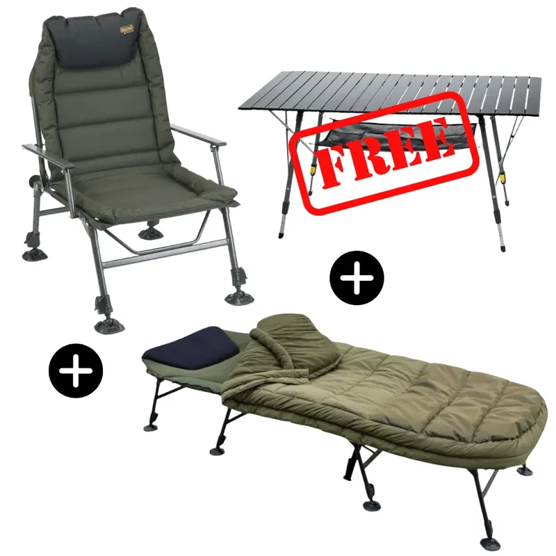 Finální Výprodej Anaconda Karpfen Lounge Set 5-Season Bed Chair 220x90cm 8 Beine + Magist Chair + GRATIS Travel Desk