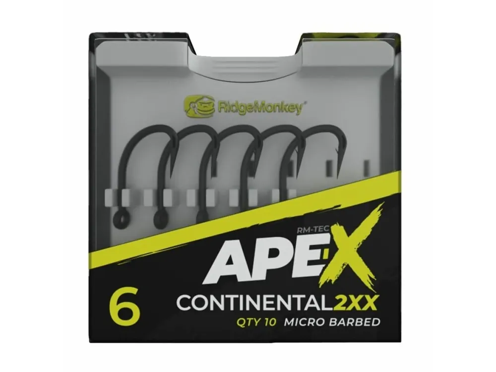 RidgeMonkey Háček Ape-X Continental 2XX Barbed Velikost 4 10ks Vysoce Kvalitní