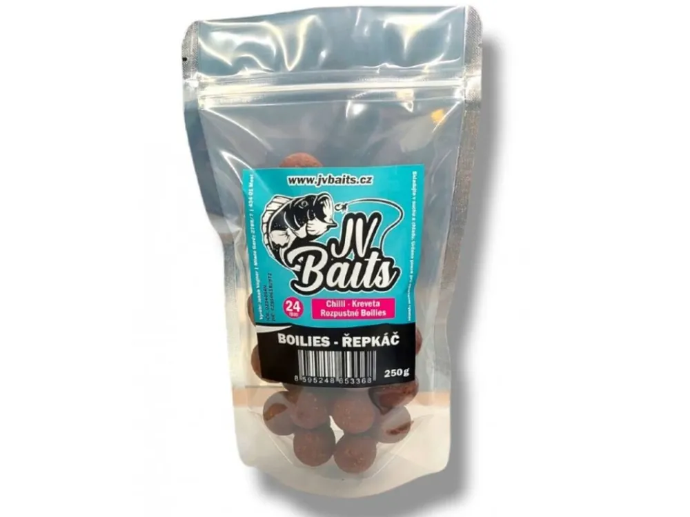 Značkový JV Baits rozpustné boilies řepkáč chilli-kreveta 250g 24mm